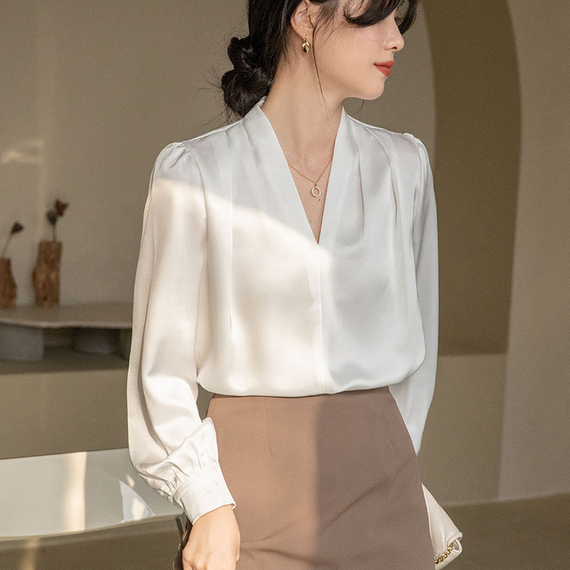 V-neck Shirt Women's Design Acetate Satin Simple Graceful Top