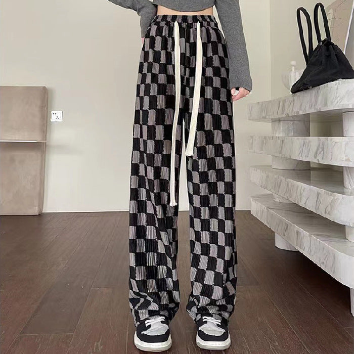 Chessboard Plaid Wide-leg Pants High Waist Casual Mop Straight