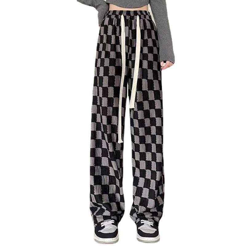 Chessboard Plaid Wide-leg Pants High Waist Casual Mop Straight