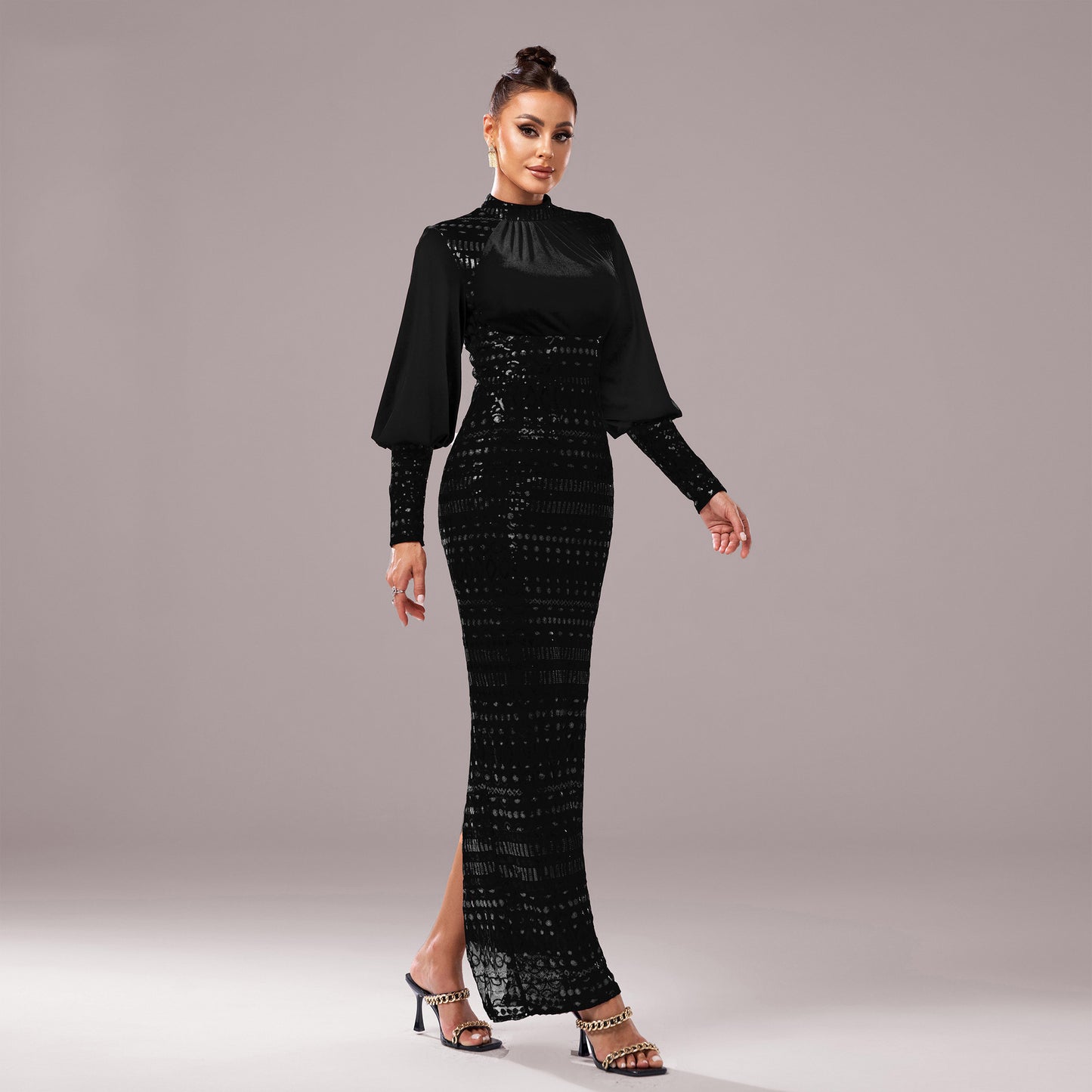 Long Sleeve Round Neck Sequins Slit Evening Dress