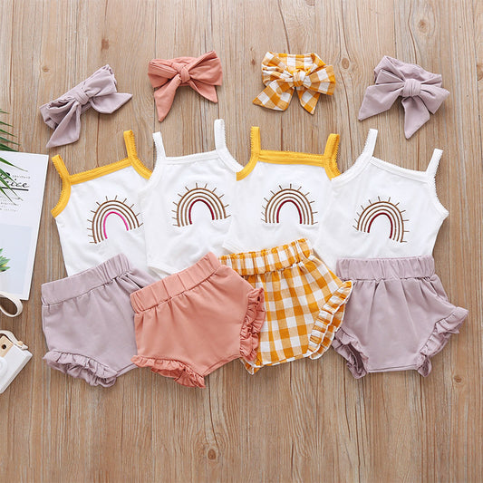 Fashion Three-Piece Baby Girl Sling Romper Plaid Shorts