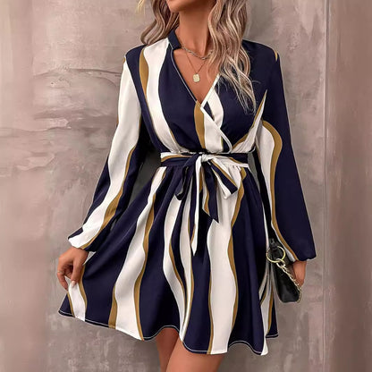 Women's Clothing Belt Printed V-neck Dress