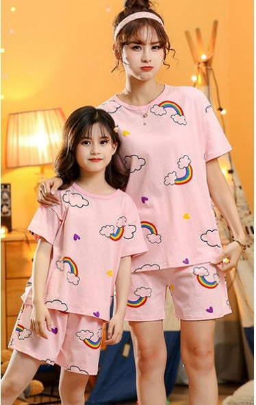 Children's Cotton Short-sleeved Home Wear Suit Parent-child Mother-daughter Home Cartoon Princess 2-piece Summer Thin Cotton