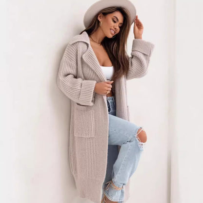 Mid-length Padded Lapel Pocket Loose Knitted Cardigan Sweater