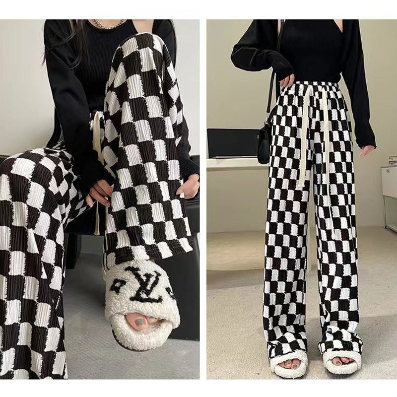 Chessboard Plaid Wide-leg Pants High Waist Casual Mop Straight