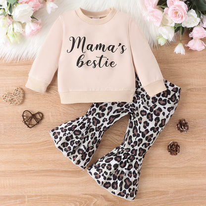 Parent-child Clothes Suit Clothes Girls' Sweater Top Leopard Print Bell-bottom Pants