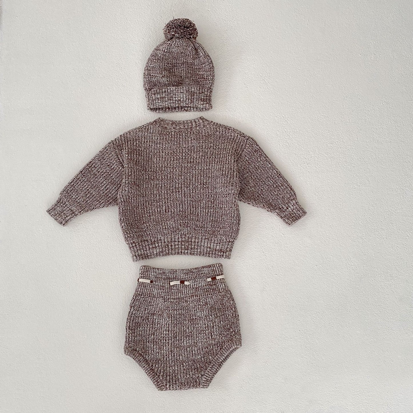 Infant Baby Girl Mixed Color Thick Needle Pullover Pants Pullover Fur Ball Knitted Hat 3-piece Set