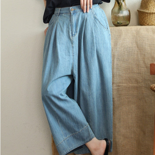 Tencel Cotton Denim Cropped Loose Plus Size Wide-leg Pants