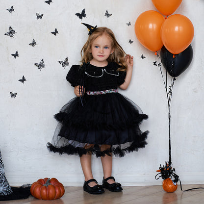 Girls' Fashion Halloween Mesh Stitching Puff Sleeve Dress