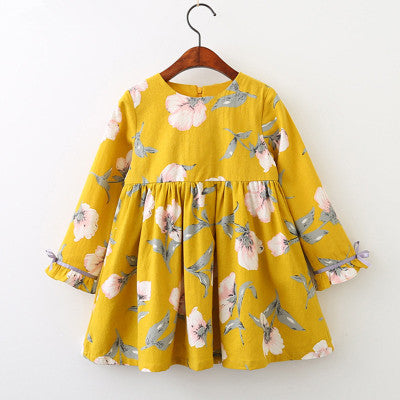 autumn dress, new girl princess dress, full print flower, bow knot long sleeve dress, children's clothing wholesale