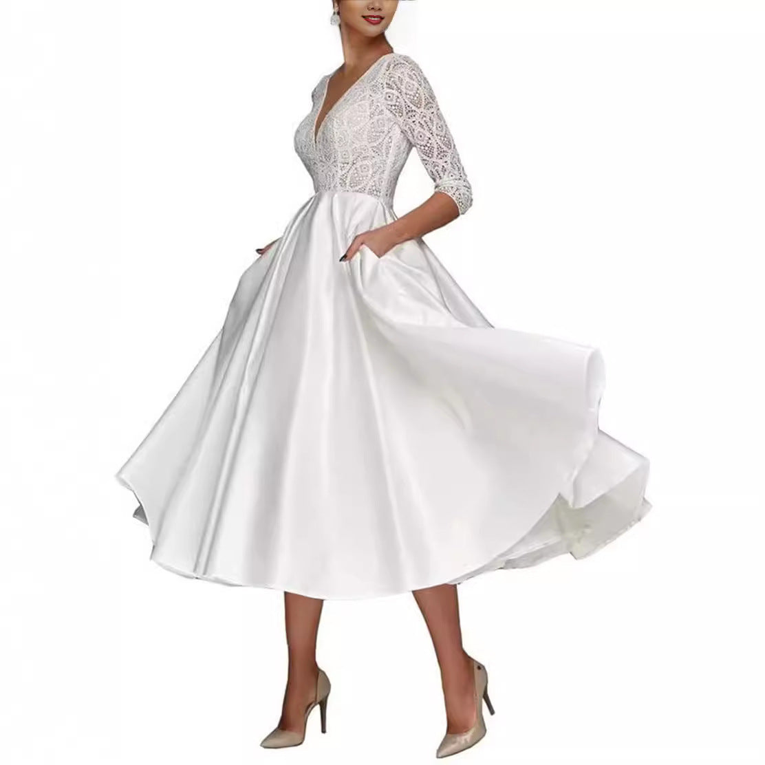 Bridal Deep V-neck Slim Lace Mid-length Long Sleeve Wedding Dress