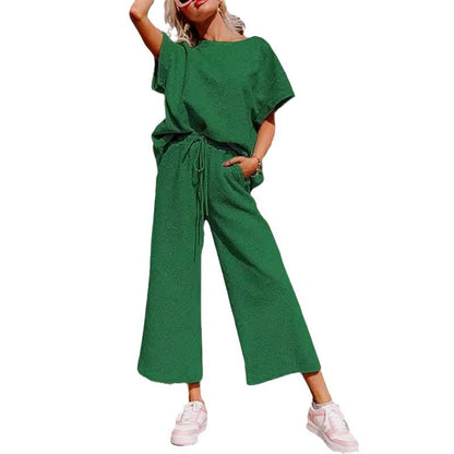 Solid Color Texture Casual Fashion Women's Wear Short-sleeved Trousers Two-piece Set