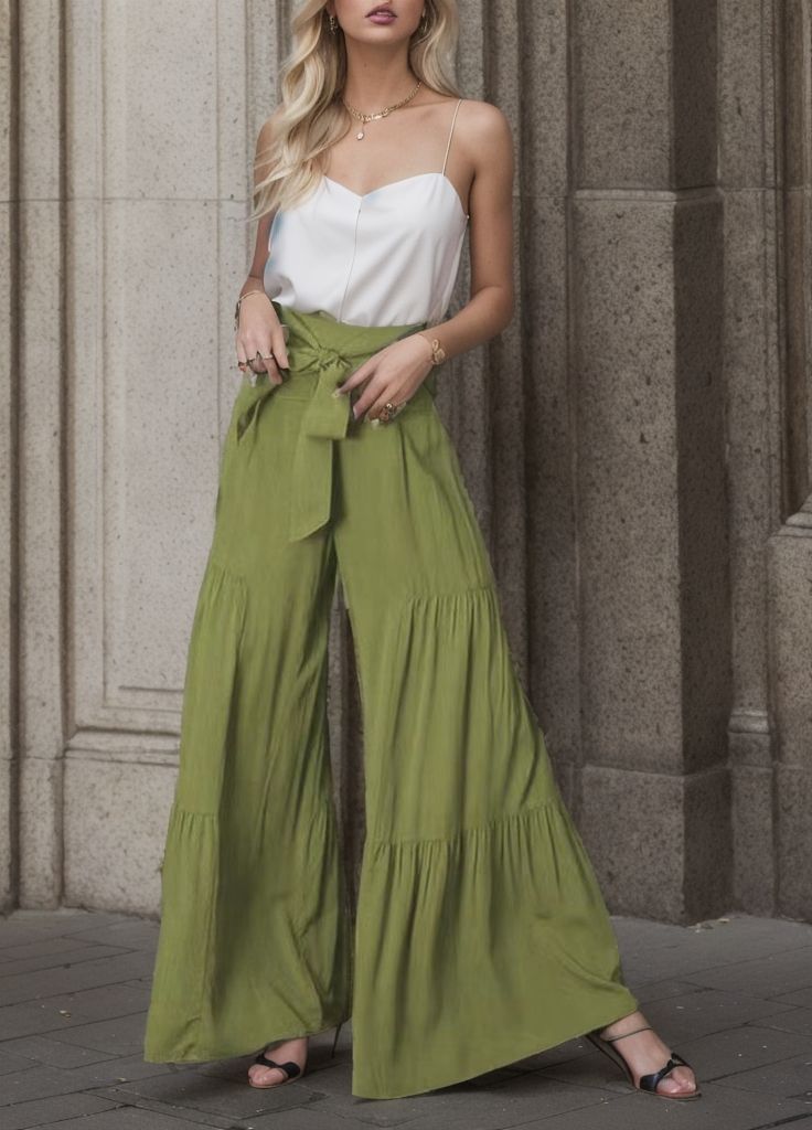 Women's Fashion Tie Elastic Waist Pleated Wide-leg Pants