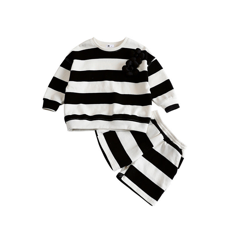 Flower Brooch Striped Sweatshirt Shorts Mother And Daughter Suit