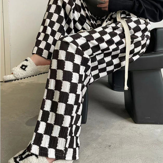 Chessboard Plaid Wide-leg Pants High Waist Casual Mop Straight