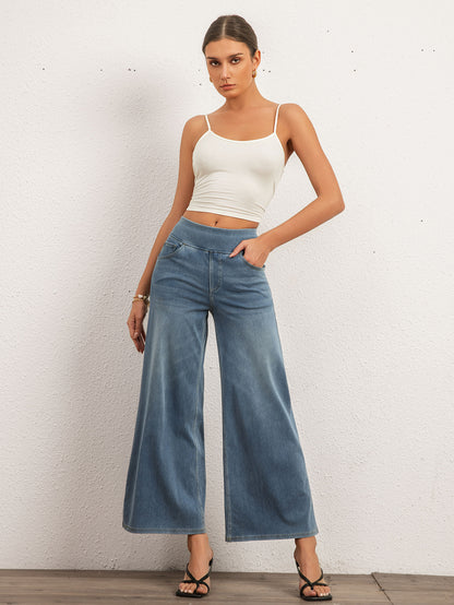 Shascullfites Women's Wide Leg Stretch Jeans Light Blue Flare Pants Denim Straight Trousers Sexy Fit Casual Jeans