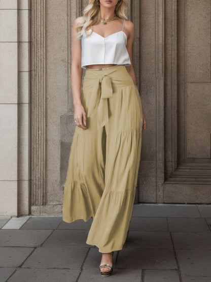 Women's Fashion Tie Elastic Waist Pleated Wide-leg Pants