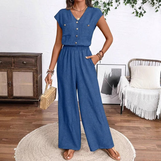 Women's V-neck Buttons Patch Pocket Jumpsuit