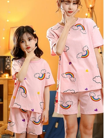 Children's Cotton Short-sleeved Home Wear Suit Parent-child Mother-daughter Home Cartoon Princess 2-piece Summer Thin Cotton