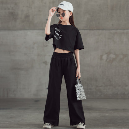 Straight-leg Short Sleeve Printed T-shirt Wide Leg Pants Suit