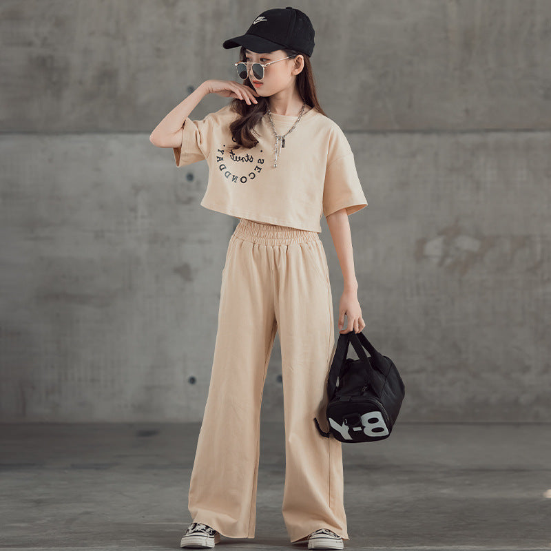 Straight-leg Short Sleeve Printed T-shirt Wide Leg Pants Suit