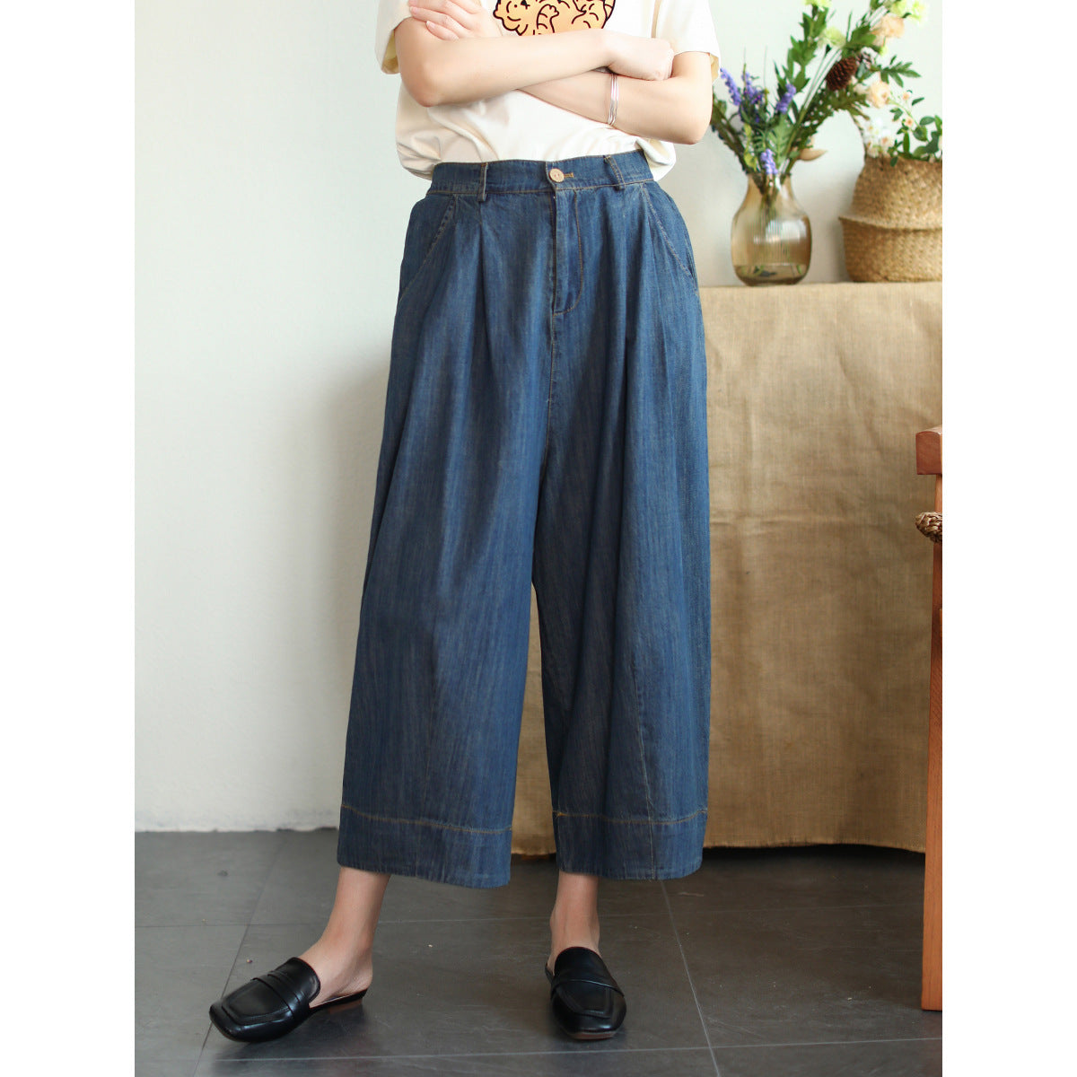 Tencel Cotton Denim Cropped Loose Plus Size Wide-leg Pants