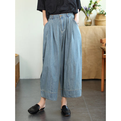 Tencel Cotton Denim Cropped Loose Plus Size Wide-leg Pants