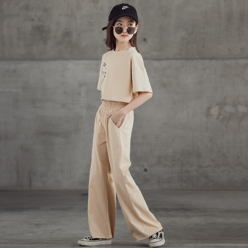 Straight-leg Short Sleeve Printed T-shirt Wide Leg Pants Suit