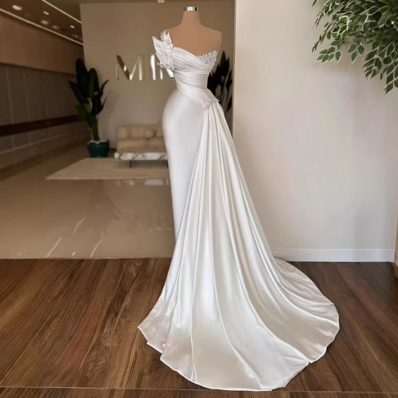 White Graceful Satin Simple Lightweight Wedding Dress Long Dress