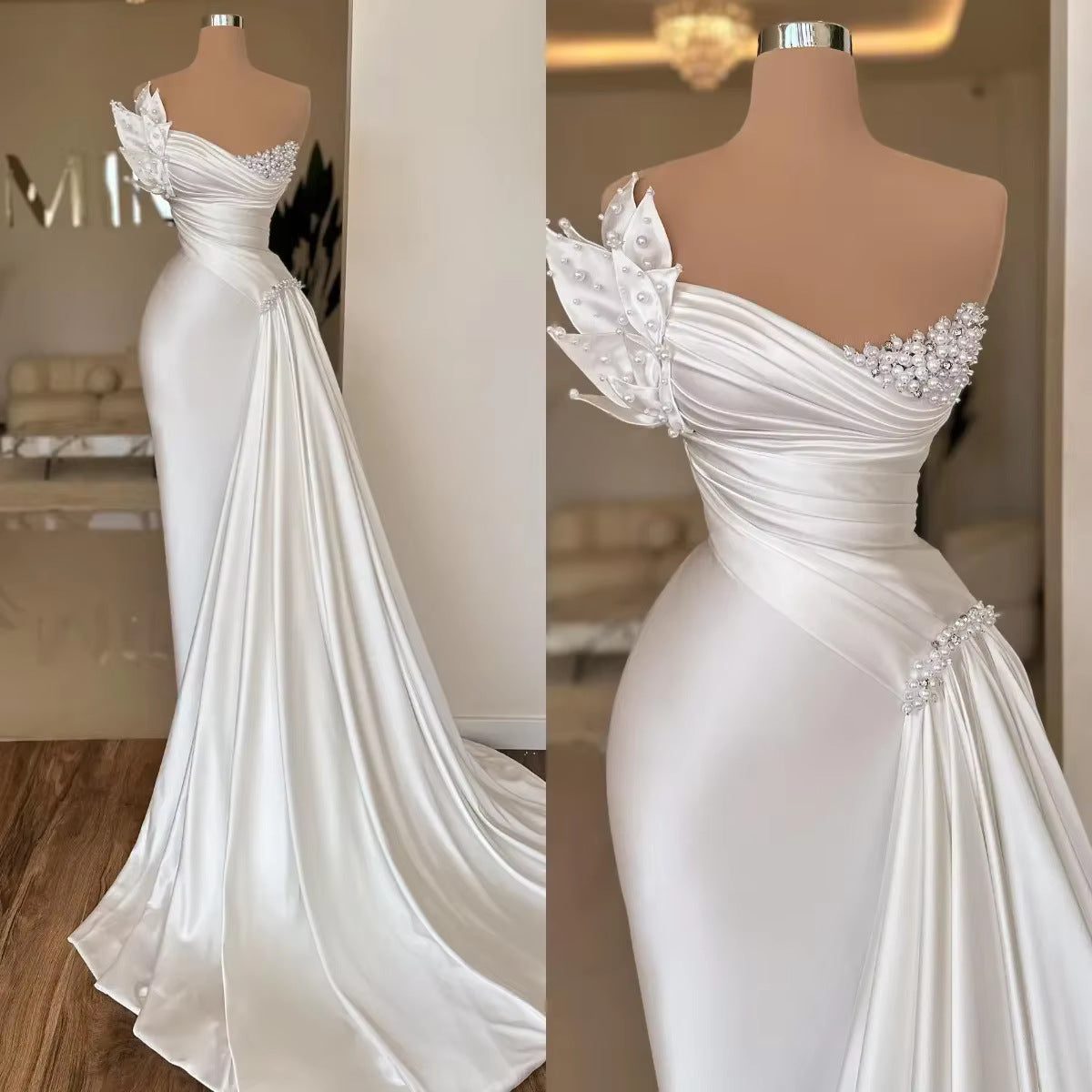 White Graceful Satin Simple Lightweight Wedding Dress Long Dress