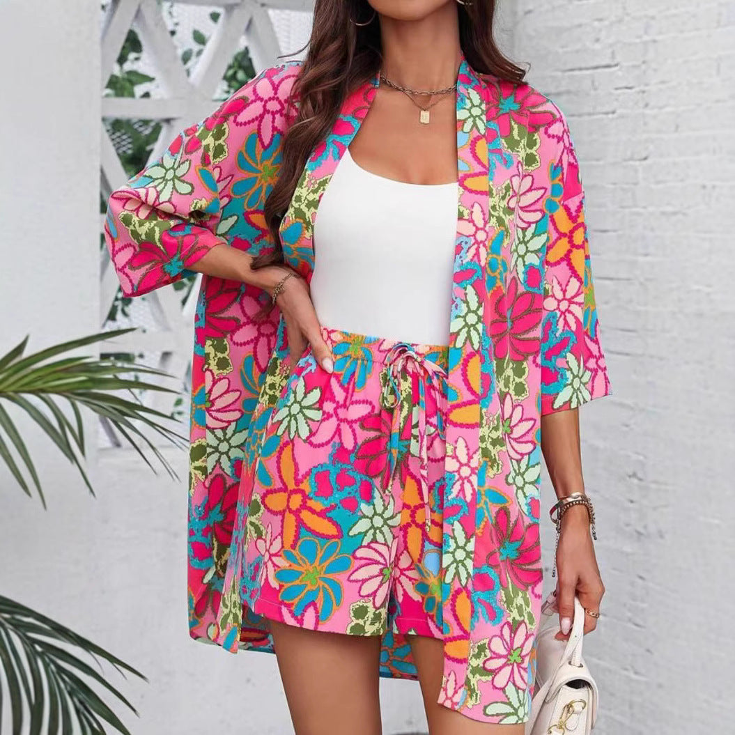 Holiday Floral Print Elegant Two-piece Shirt