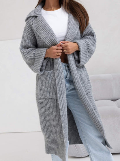 Mid-length Padded Lapel Pocket Loose Knitted Cardigan Sweater