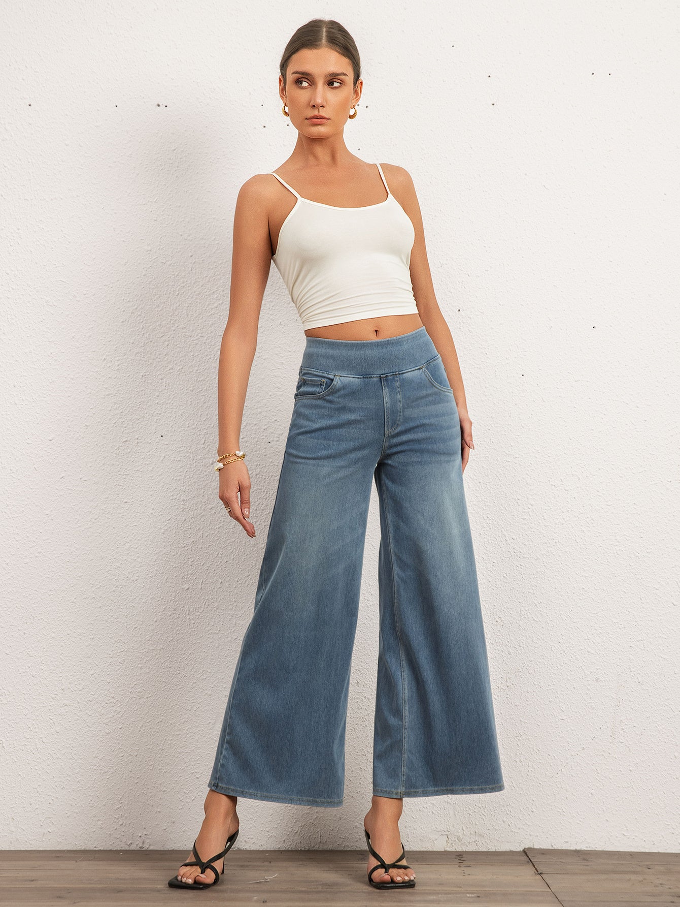 Shascullfites Women's Wide Leg Stretch Jeans Light Blue Flare Pants Denim Straight Trousers Sexy Fit Casual Jeans