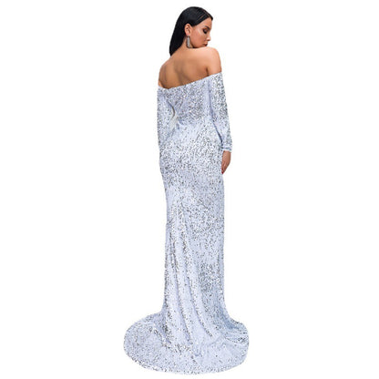 Sexy Strapless Long Sleeve Sequins Party Evening Dress