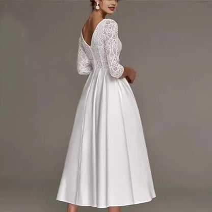 Bridal Deep V-neck Slim Lace Mid-length Long Sleeve Wedding Dress