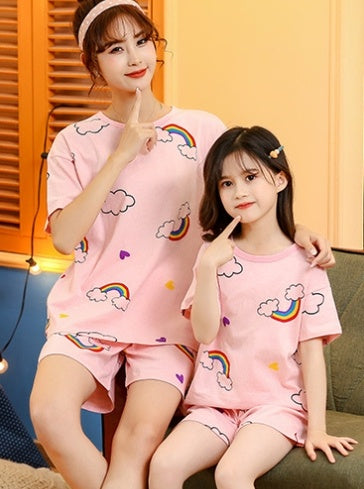 Children's Cotton Short-sleeved Home Wear Suit Parent-child Mother-daughter Home Cartoon Princess 2-piece Summer Thin Cotton