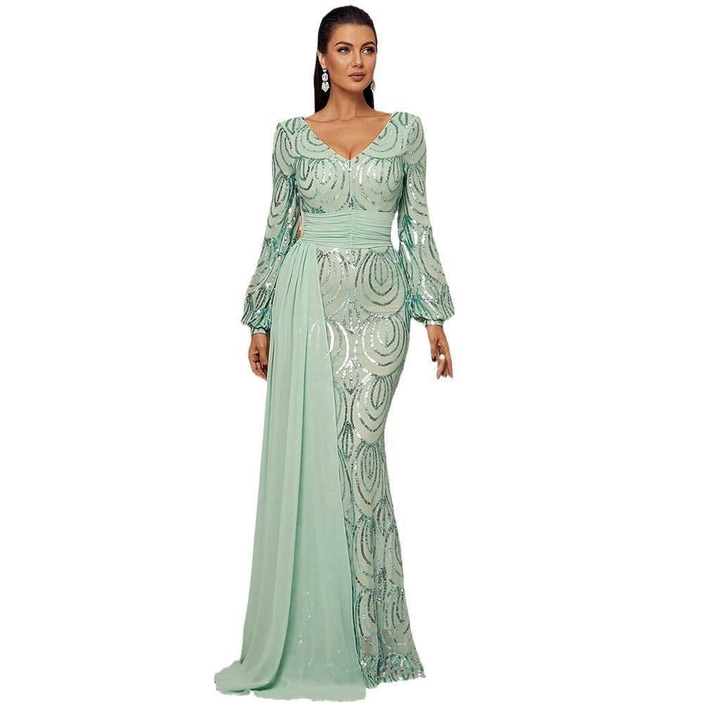 Long Sleeve Sexy Long Sequined V-neck Banquet Ribbon Evening Dress