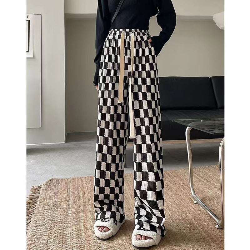 Chessboard Plaid Wide-leg Pants High Waist Casual Mop Straight