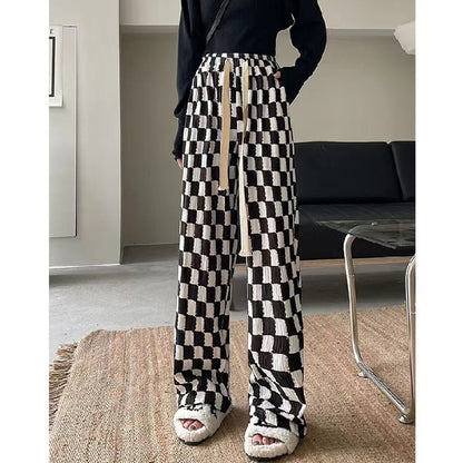 Chessboard Plaid Wide-leg Pants High Waist Casual Mop Straight