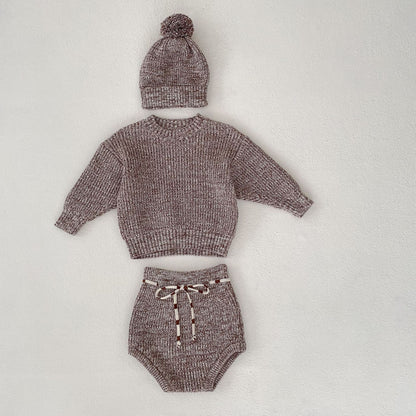 Infant Baby Girl Mixed Color Thick Needle Pullover Pants Pullover Fur Ball Knitted Hat 3-piece Set