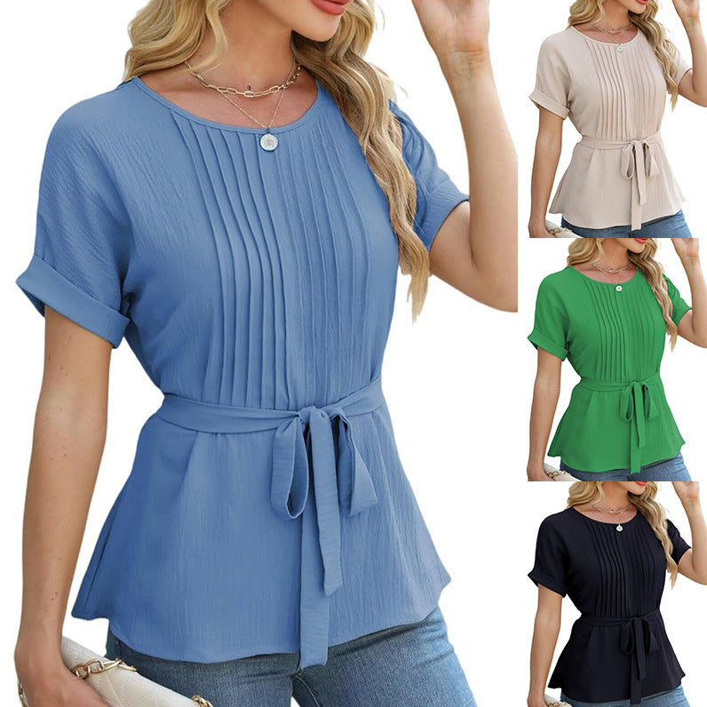 Casual Shirt Ruffled Pleated Round Neck Short Sleeve Top