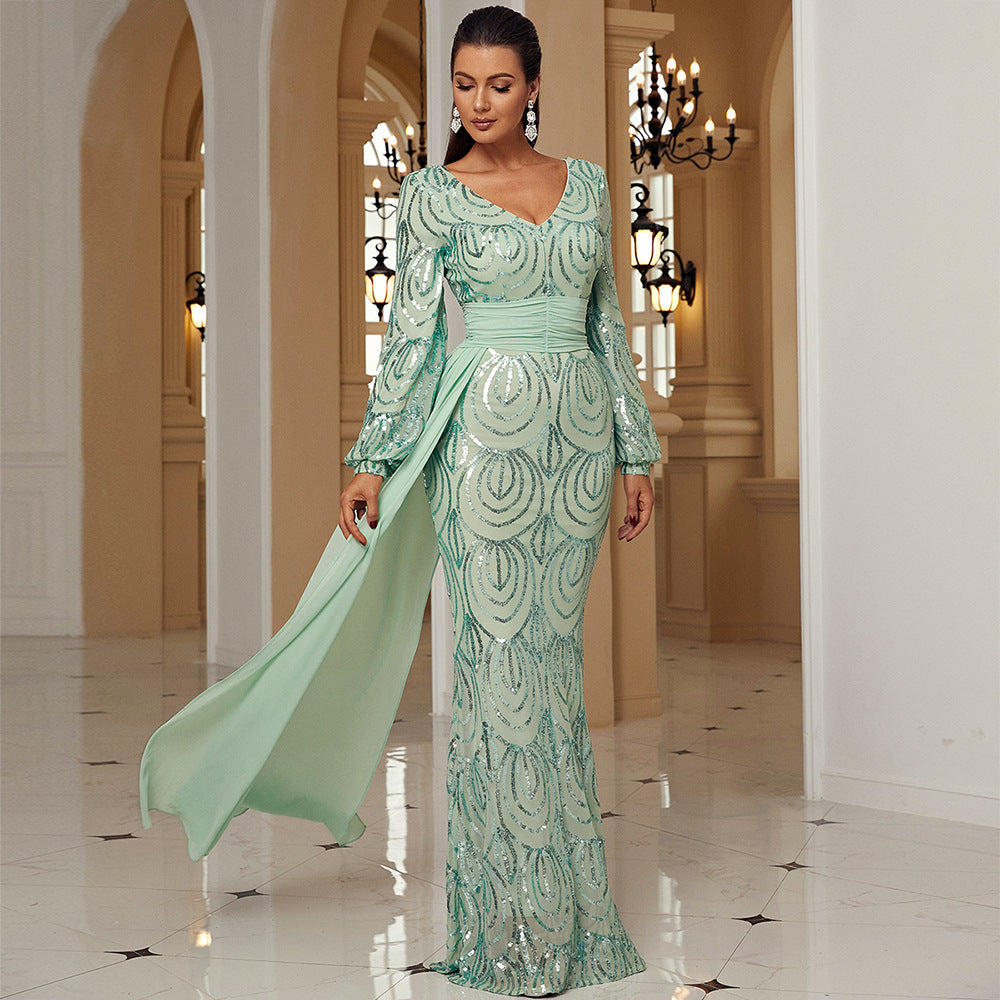 Long Sleeve Sexy Long Sequined V-neck Banquet Ribbon Evening Dress