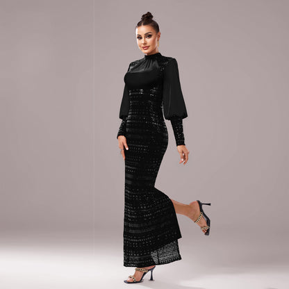 Long Sleeve Round Neck Sequins Slit Evening Dress